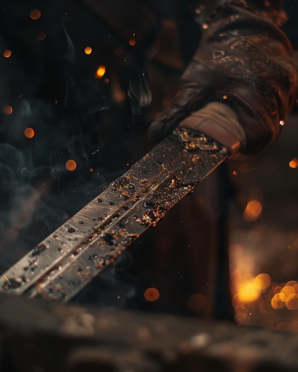 Close-up of a warrior's hand gripping a forged blade with sparks in the background